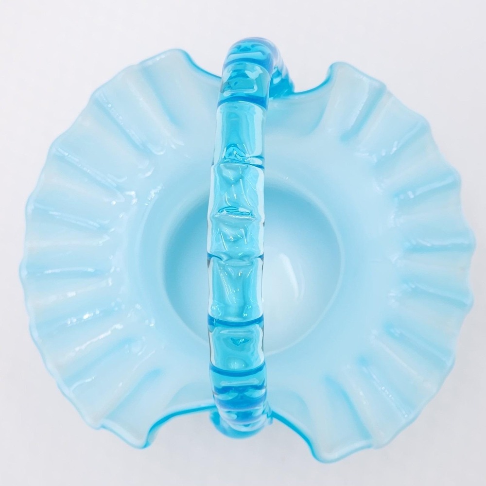 Fenton Turquoise Opalescent Top Hat Basket Blue Bamboo Handle 1950s - Picture 6 of 9